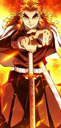 This stunning phone live wallpaper features a skilled warrior holding a long sword, standing in front of a bright and intense fire