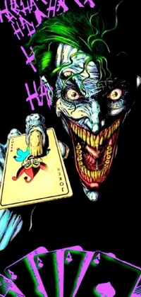 This live phone wallpaper features a haunting image of a joker holding a playing card in his outstretched hand