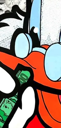 Get a colorful and fun live wallpaper with cartoon character holding a cell phone against a pop art-inspired background