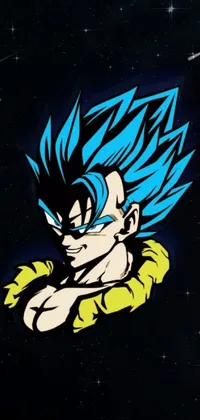 This live wallpaper is a visually stunning artwork that features a close-up of a cartoon character in a super saiyan blue form against a galaxy background