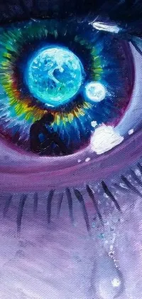 This live wallpaper features a close-up of a stunning acrylic painting of a person's eye with glowing purple irises and a stream of blue tears