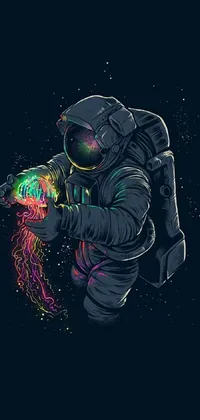 This astonishing phone live wallpaper features a vector astronaut holding a jellyfish and casting a beautiful colorful spell while being dragged into the gravitational pull of a blackhole
