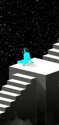 This stunning phone live wallpaper features a stylized depiction of a man perched atop a staircase, lost in thought, against a backdrop of a cosmic entity composed of stars and galaxies
