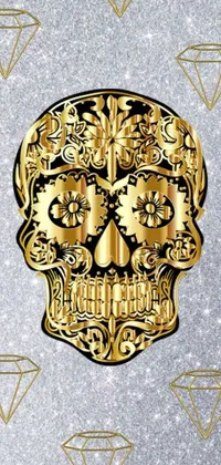 Introducing a breathtaking phone live wallpaper featuring a stunning gold sugar skull surrounded by sparkling diamonds