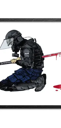 This phone live wallpaper features striking vector art of a man holding a knife in hand, set against a gritty sots art background with swat helmet and blood puddles on the floor