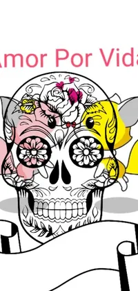 This live wallpaper showcases a stunning vector art design of a skull adorned with colorful flowers, representing the ideas of mortality and vanitas