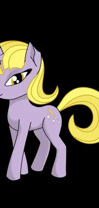 This live wallpaper features a adorable cartoon purple pony with blonde hair and a golden crown standing against a black background