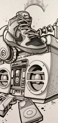 This phone live wallpaper features a stylized drawing of a boombox with a pair of shoes on top, exuding gritty tech vibes