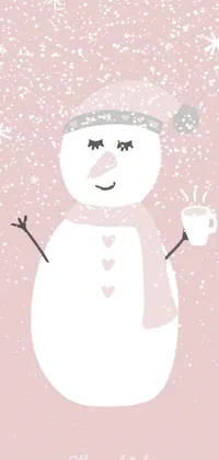 This lively and charming phone wallpaper showcases a cozy, pink pastel illustration of a friendly snowman gripping a warm cup of coffee