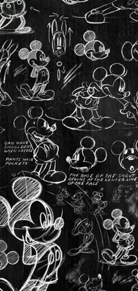 This phone live wallpaper features a black and white drawing of Mickey Mouse and Pluto, showcasing epic graphic novel style art and process chalkboard concept