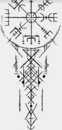 A black and white cross phone live wallpaper with glowing runes, technical diagrams, and a minimalist design