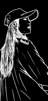 This phone live wallpaper showcases a stunning monochrome drawing of a stylish woman wearing a black hat and hiphop outfit, with vibrant neon backlit highlights