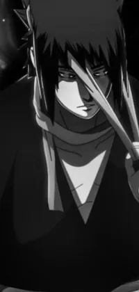 This phone live wallpaper is a stunning black and white anime drawing of a man holding a sword