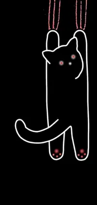 This phone live wallpaper features a cute and eerie black cat with red eyes, depicted hanging upside down with its arms and legs dangled on a black background