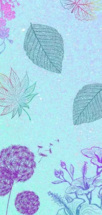 This phone live wallpaper boasts an intricate design of leaves and flowers on a blue background