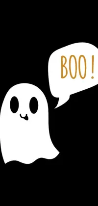 This phone live wallpaper features a spooky ghost with a speech bubble saying "boo!" set on a black background with cute graphics, perfect for Halloween