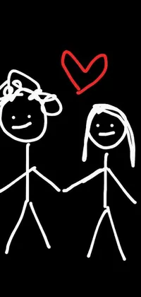 This phone live wallpaper features a charming hand-drawn cartoon of two stick figures holding hands against a sleek black background, portraying the essence of love at first sight