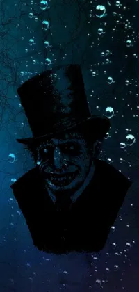 This phone live wallpaper features a digital drawing of a man in a top hat set against an underwater horror scene