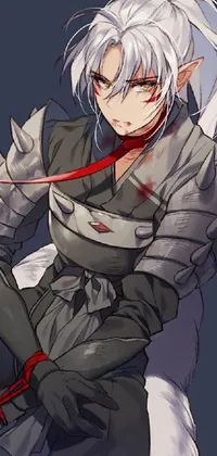 This intricate phone live wallpaper showcases an armored warrior resting after a battle, featuring a sword and a white-haired fox in the background