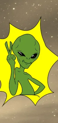 This lively phone live wallpaper features a colorful cartoon alien holding up a peace sign, set against a vibrant yellow-green smoggy sky