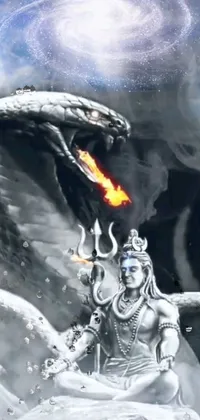 This phone live wallpaper features a captivating painting of a woman seated atop a giant snake, while Lord Shiva observes in the corner