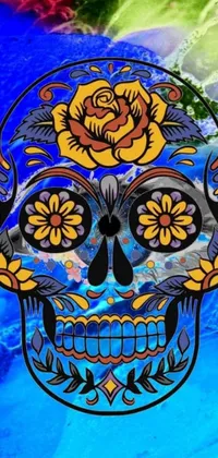 This mobile live wallpaper boasts a mesmerizing image of a rose-adorned skull in the style of psychedelic art by Marra