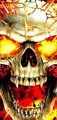 Get this striking horror-themed live wallpaper for your mobile phone! The wallpaper features a close-up of a skull spewing yellow and red flames out of its eye sockets and mouth
