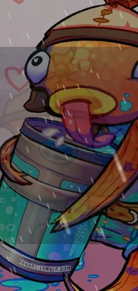 This phone live wallpaper features a colorful and dynamic digital art piece of a quirky cartoon character holding a can in the rain