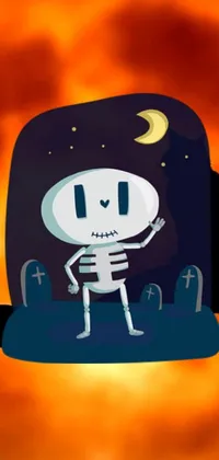 This live phone wallpaper features a hand-drawn cartoon skeleton in front of a full moon, walking out of flames with a skull in hand