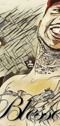 This phone live wallpaper features a cheerful man with tattoos on his chest in a digital art drawing by Maxwell Bates