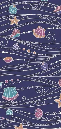 This stunning live phone wallpaper depicts a mesmerizing pattern of shells and starfishes on a blue background, complemented by vintage and art deco elements