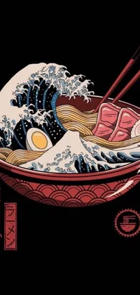 This phone live wallpaper showcases a beautiful depiction of a steaming bowl of ramen noodles and chopsticks