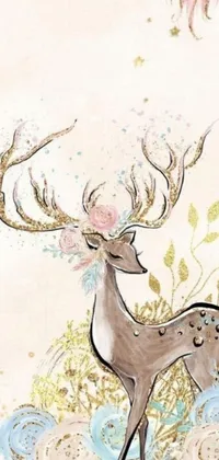 This mesmerizing phone live wallpaper features a beautiful digital art painting of a majestic deer in a field of delicate flowers