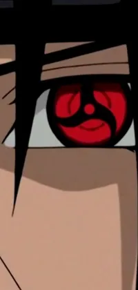 This live phone wallpaper features a dramatic close-up of a character with red eyes, black hair, shurikens, a three-eyed mask, and smoke