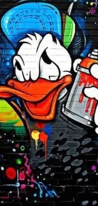 Looking for a mind-blowing live wallpaper for your phone? Check out this funky design of a graffiti artist duck creating colorful spray-painting art on a brick wall