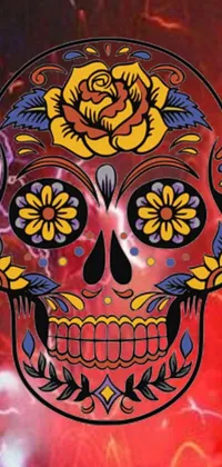 This mobile wallpaper boasts a captivating image of a red and yellow colored skull with an intricately illustrated rose on it