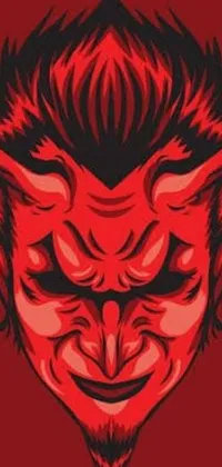 This lively phone wallpaper depicts a red background featuring a terrifying devil face in a vector art style