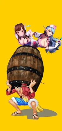 This live phone wallpaper features a group of cartoon characters sitting on top of a barrel with exaggerated "oppai" proportions