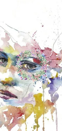 This striking phone live wallpaper showcases a watercolor painting of a woman's face that features rainbow spiral eyes and is surrounded by different flowers