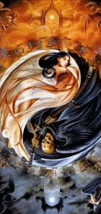 This yin and yang live wallpaper features a beautiful gothic art painting depicting the battle between good and evil
