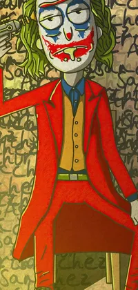 This live phone wallpaper features a colorful drawing of a joker in a red suit, holding a deck of cards and a scepter