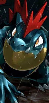 This phone wallpaper features a close up view of a rain-soaked, fire-breathing pokemon character in black, shiny armor