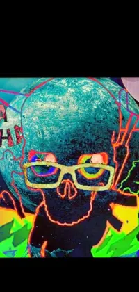 This live phone wallpaper features a pop art painting showing a skull wearing glasses