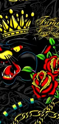 This live wallpaper is a striking digital artwork featuring a crowned snake set against a black jaguar and roses