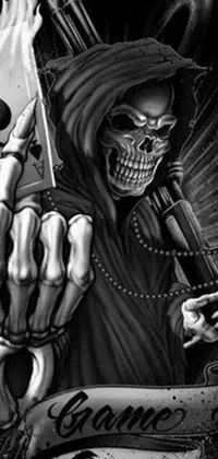 The phone live wallpaper depicts a digital art drawing in black and white of a skeleton holding a card, made in Gothic style