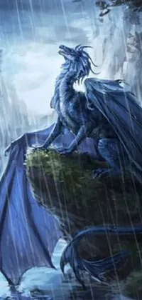 This live phone wallpaper features a majestic blue dragon perched on a rocky surface while rain falls around it