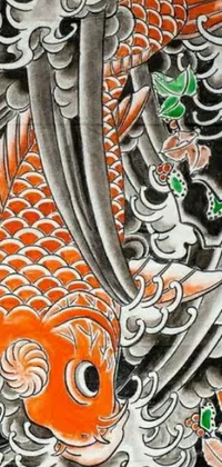 This unique phone live wallpaper is an intricately designed portrayal of a traditional fish artwork in the Japanese ukiyo-e style