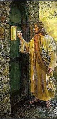 This phone live wallpaper showcases a stunning painting of Jesus standing in front of a door