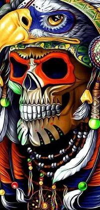 This phone live wallpaper displays a vibrant and detailed skull with an Indian headdress and feathers