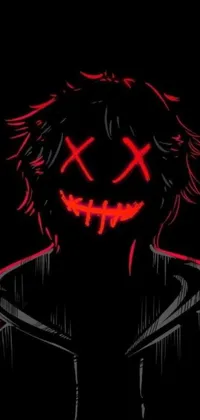 This phone live wallpaper features a spooky anime drawing of a character wearing a frightening mask in a dimly-lit backdrop